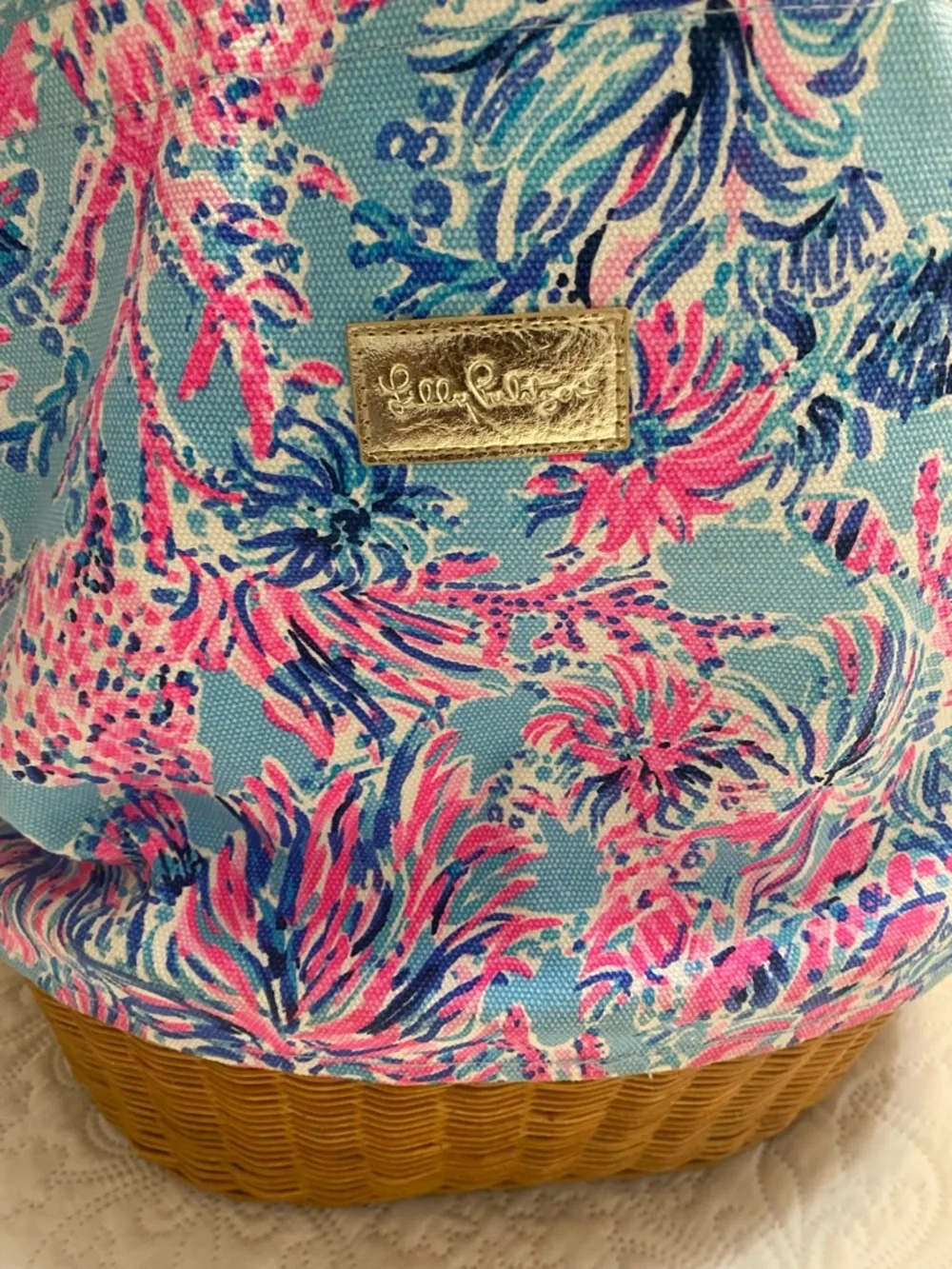 Lilly Pulitzer Canvas Wicker RARE Beach Tote Bag - Picture 10 of 15